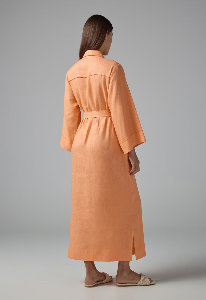 Choice Solid Front Pockets Belted Shirt Dress Orange