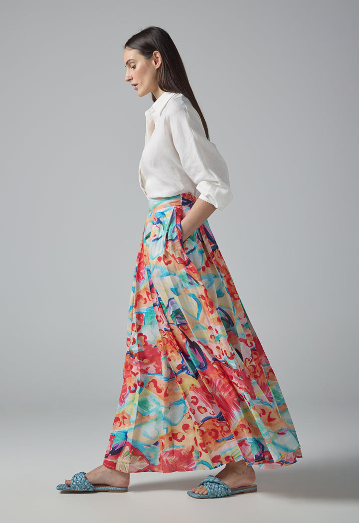 Choice Pleated Printed Maxi Skirt Multi Color