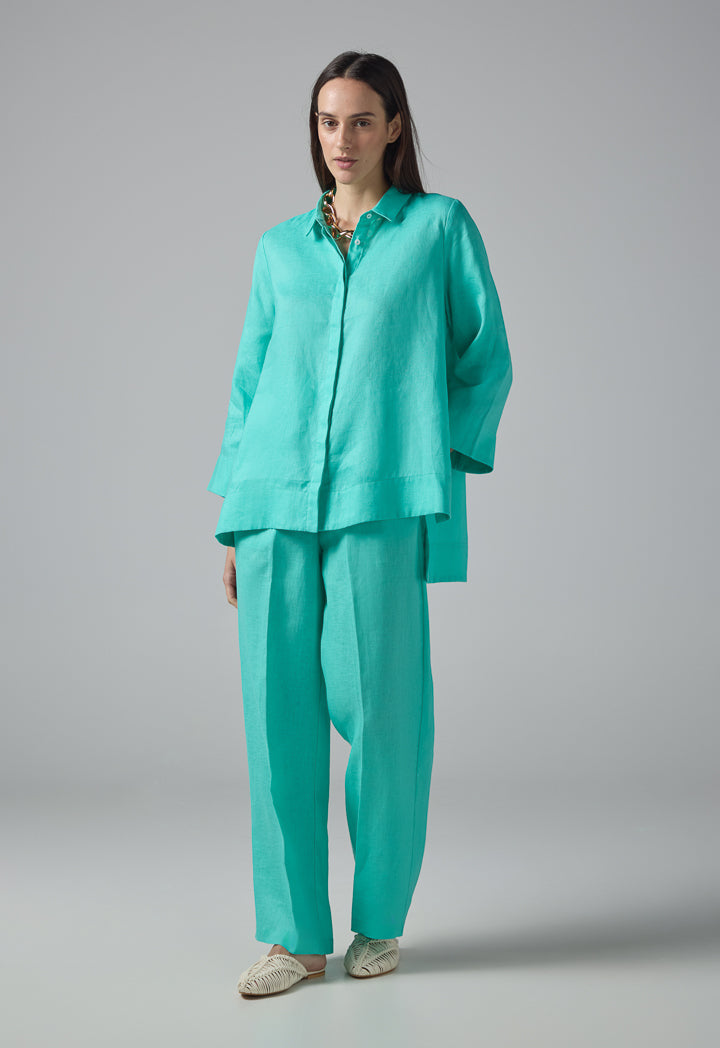 Choice Long Sleeves Basic Belted Shirt Turquoise