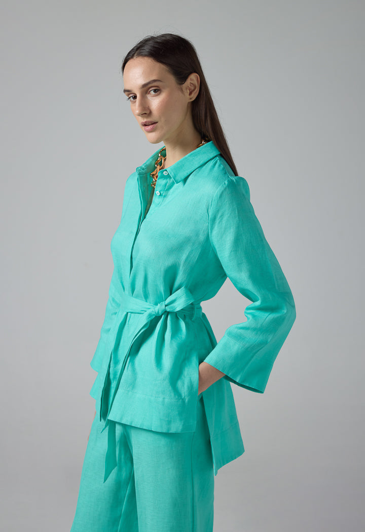 Choice Long Sleeves Basic Belted Shirt Turquoise