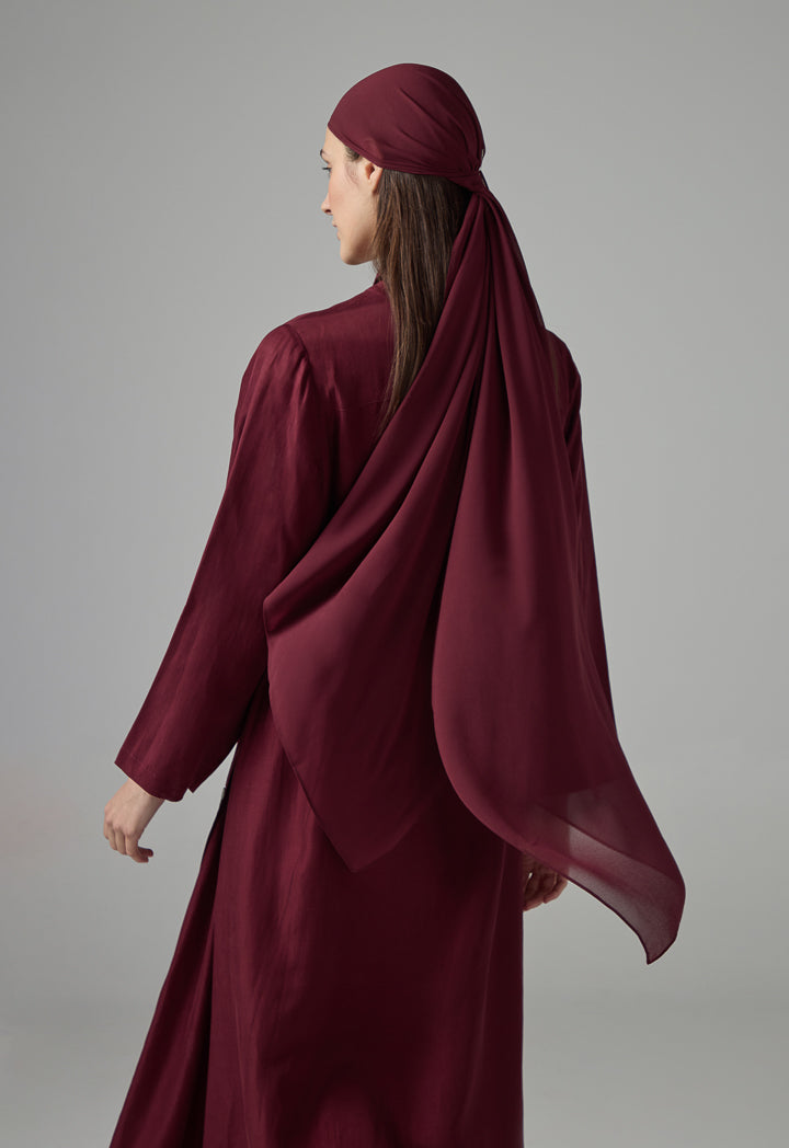 Choice Solid Oversized Maxi Belted Abaya With Hijab Burgundy