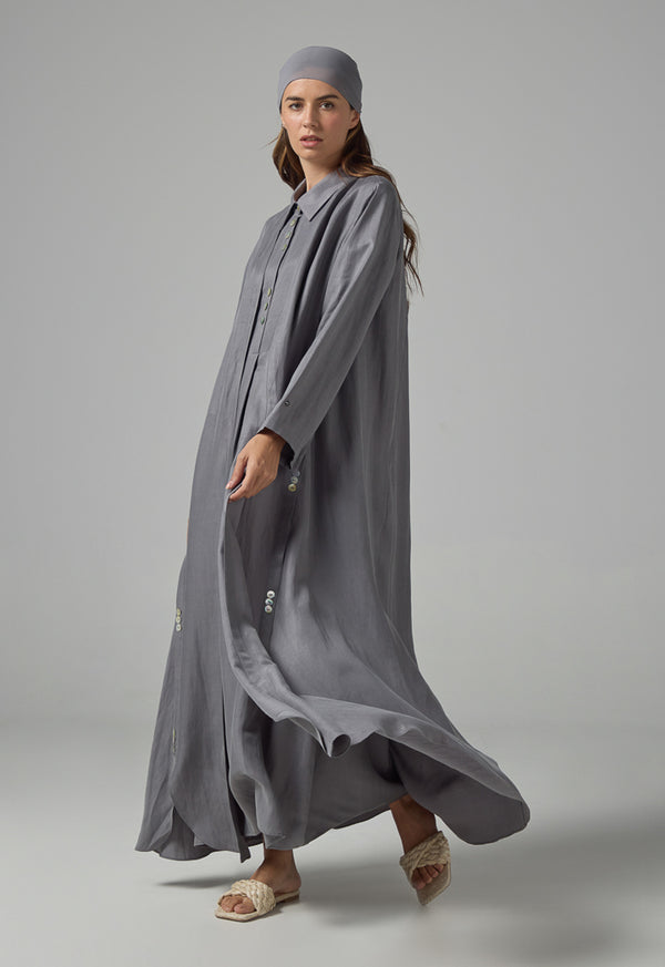 Choice Solid Oversized Maxi Belted Abaya With Hijab Grey