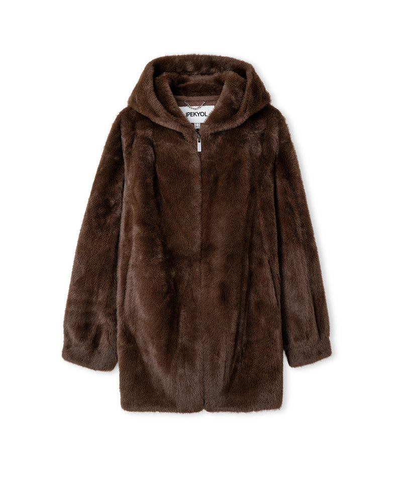 Ipekyol Hooded Faux Fur Jacket Brown