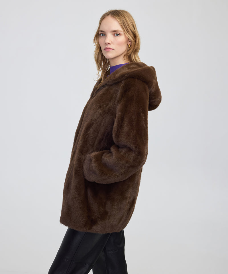 Ipekyol Hooded Faux Fur Jacket Brown
