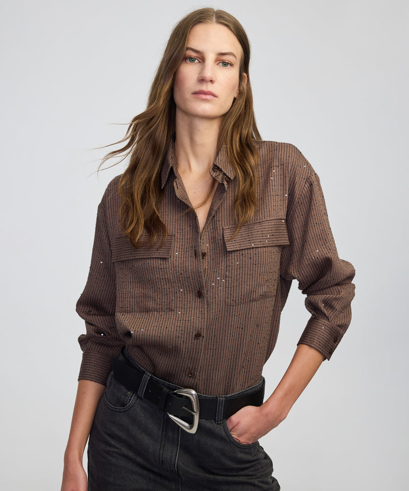 Ipekyol Sequin Embellished Striped Shirt Brown