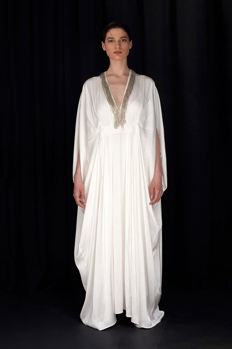 Nu V-Neck Bead Embroidered Long Dress Off White