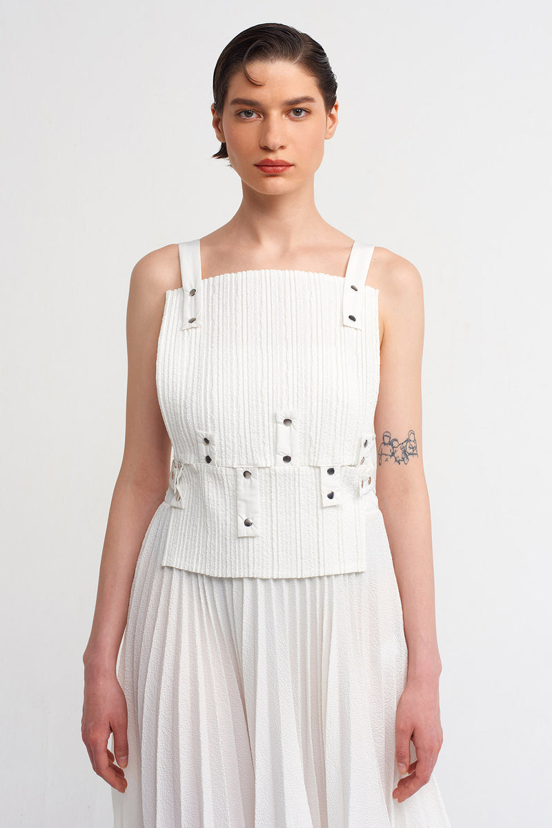 Nu Snap Button Pleated Blouse Off White