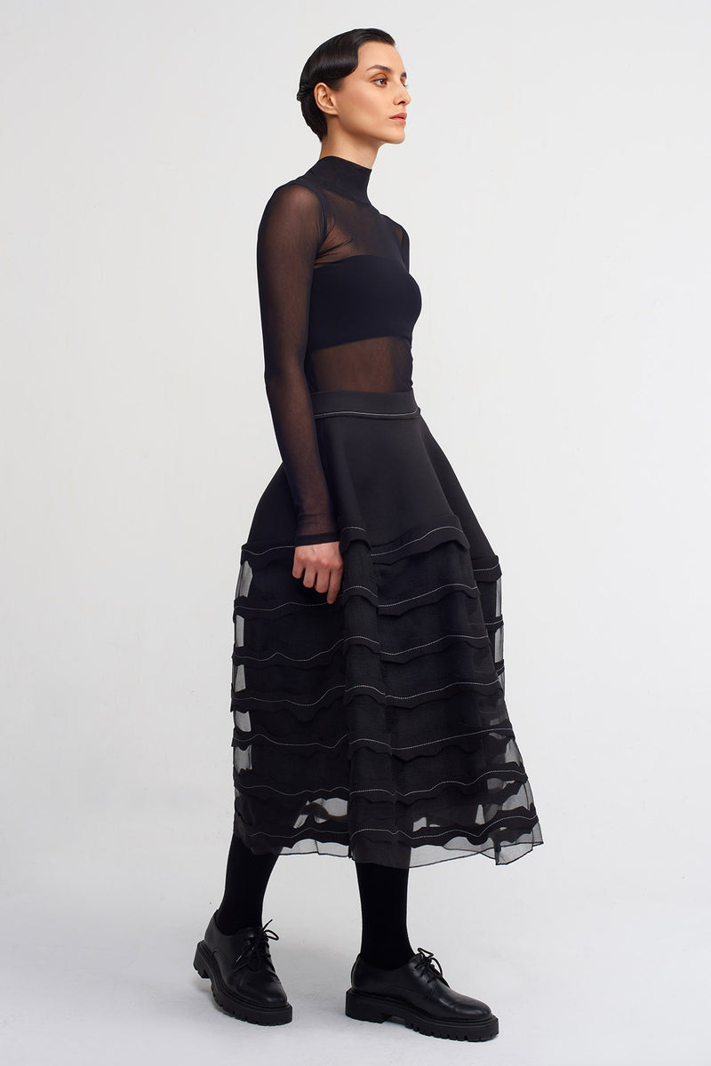 Nu Elegant Midi Skirt With Sheer Details Black