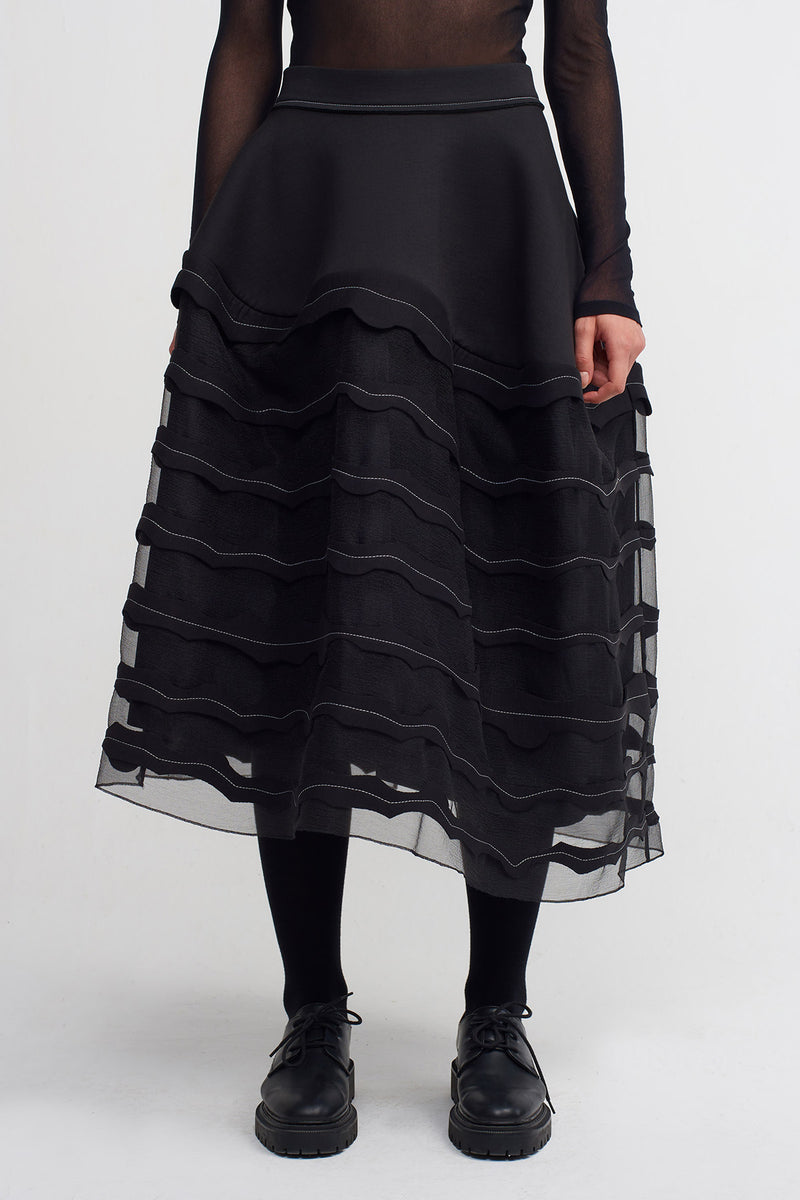 Nu Elegant Midi Skirt With Sheer Details Black
