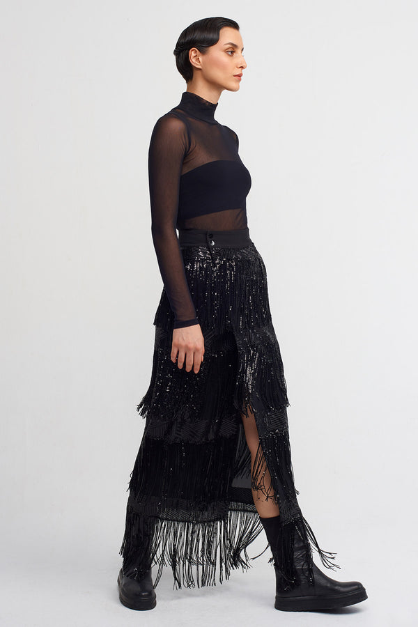 Nu Sequin Fringe Detailed Wrap Skirt Black