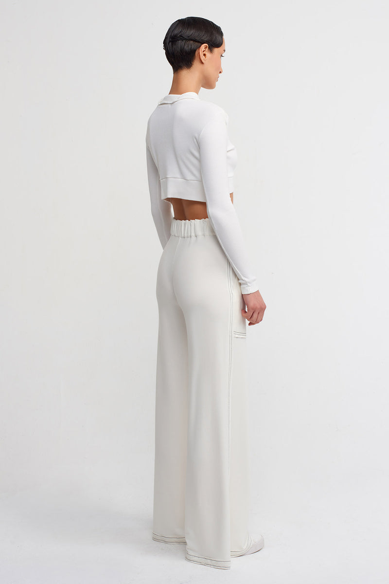 Nu Contrast Stitched Detail Wide-Leg Trousers Off White/Black