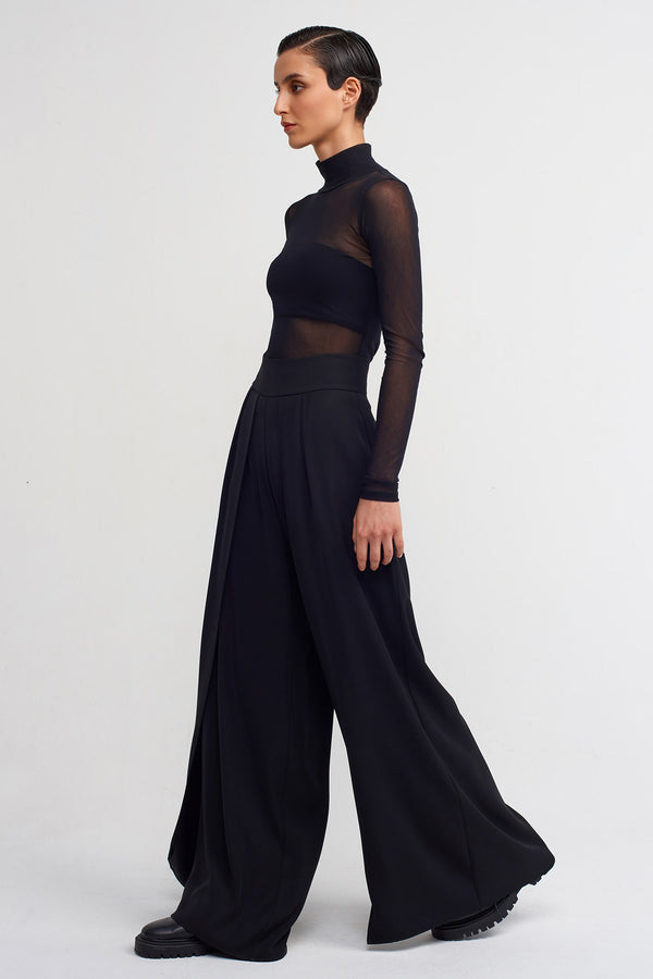 Nu Flowy Trousers With Front Slit Detail Black