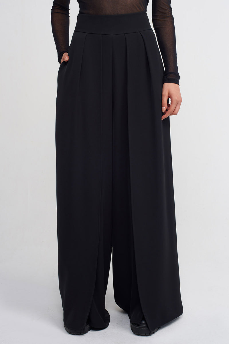 Nu Flowy Trousers With Front Slit Detail Black