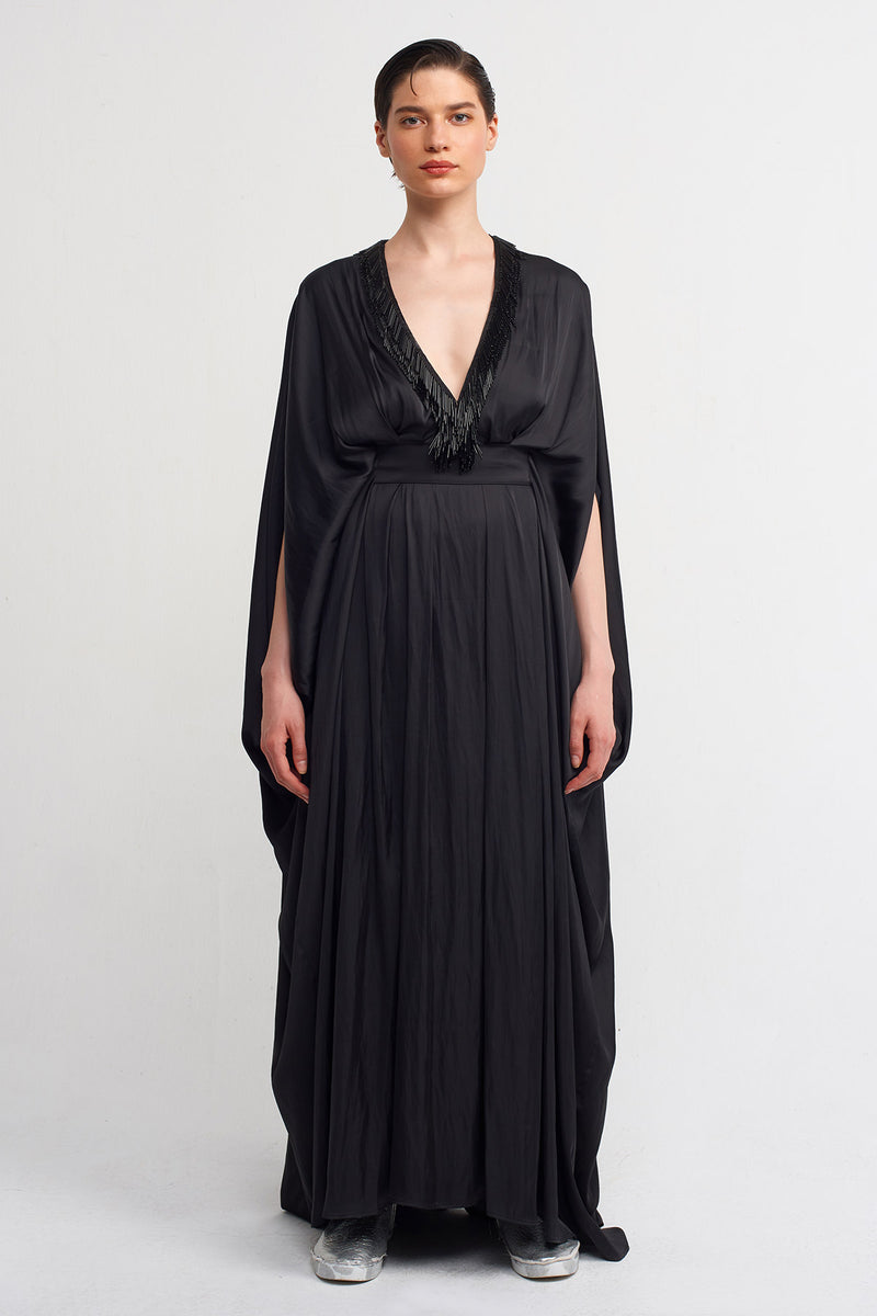Nu V-Neck Bead Embroidered Long Dress Black