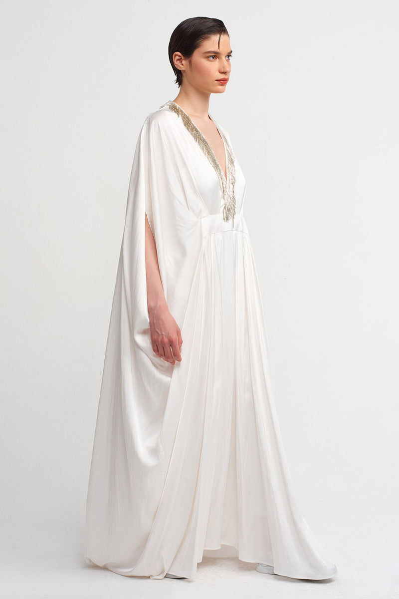 Nu V-Neck Bead Embroidered Long Dress Off White