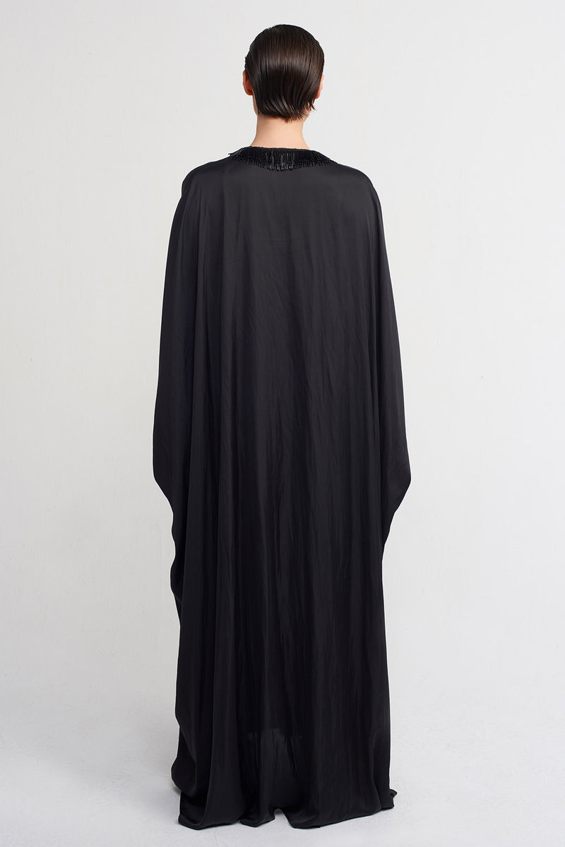 Nu V-Neck Bead Embroidered Long Dress Black