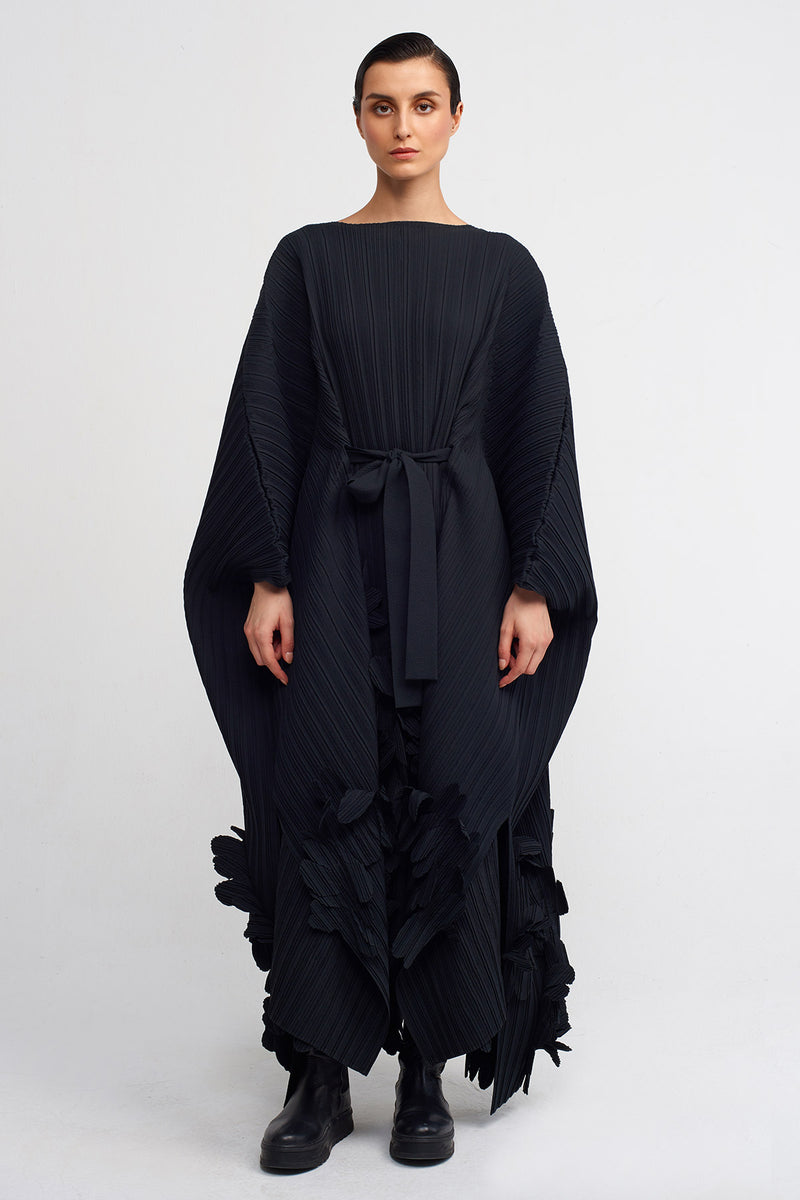 Nu Belted, Pattern Detail Pleated Dress Black