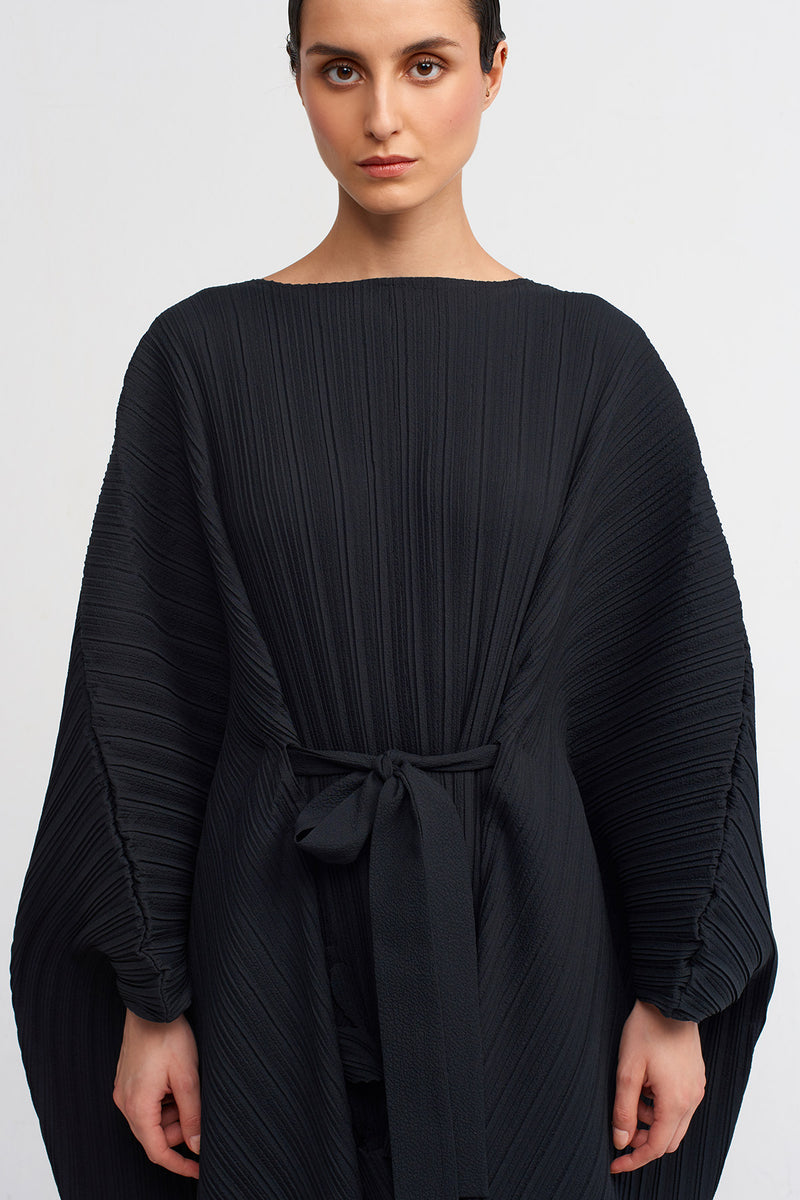 Nu Belted, Pattern Detail Pleated Dress Black