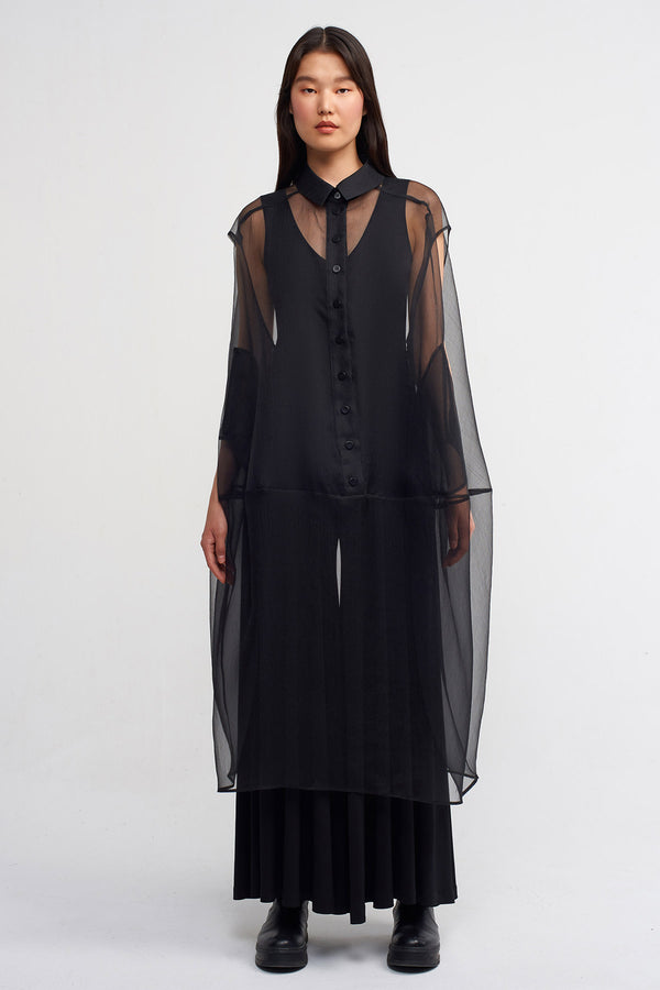 Nu Shirt Collar Midi Organza Dress Black
