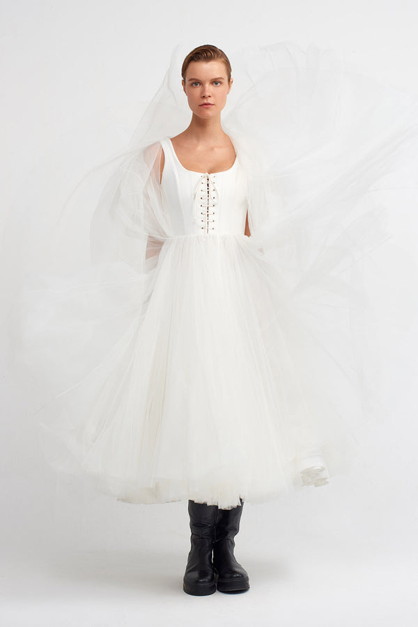 Nu Corset Detailed Flared Tulle Dress Off White