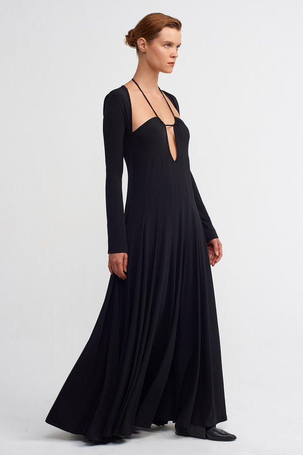 Nu Long-Sleeve Dress with Drop Neckline Black