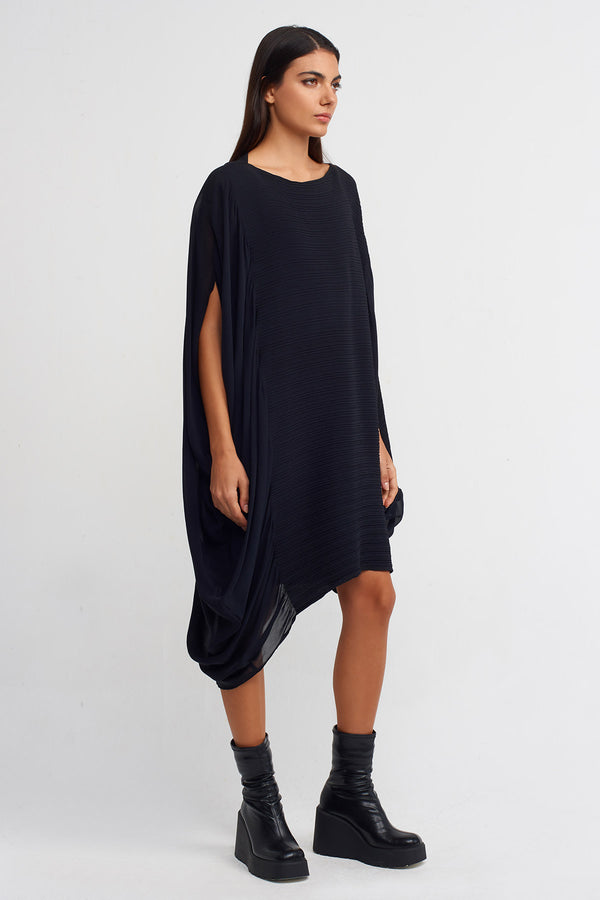Nu Jacquard Pleated Asymmetrical Dress Black