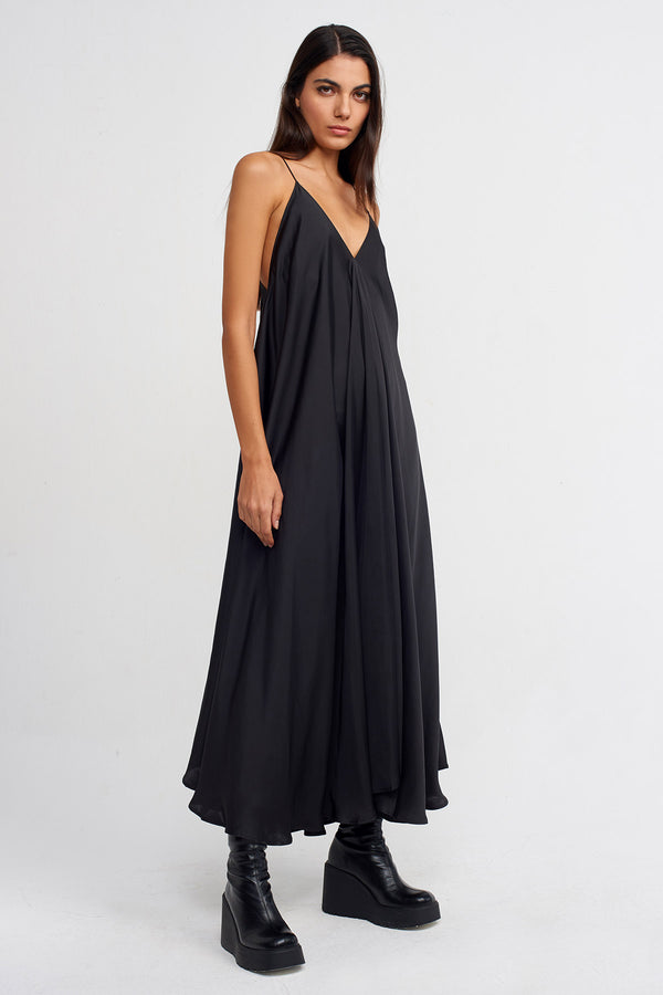 Nu Thin-Strap Satin Long Dress Black