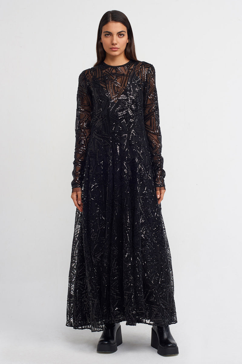 Nu Sequin Embellished Long Dress Black