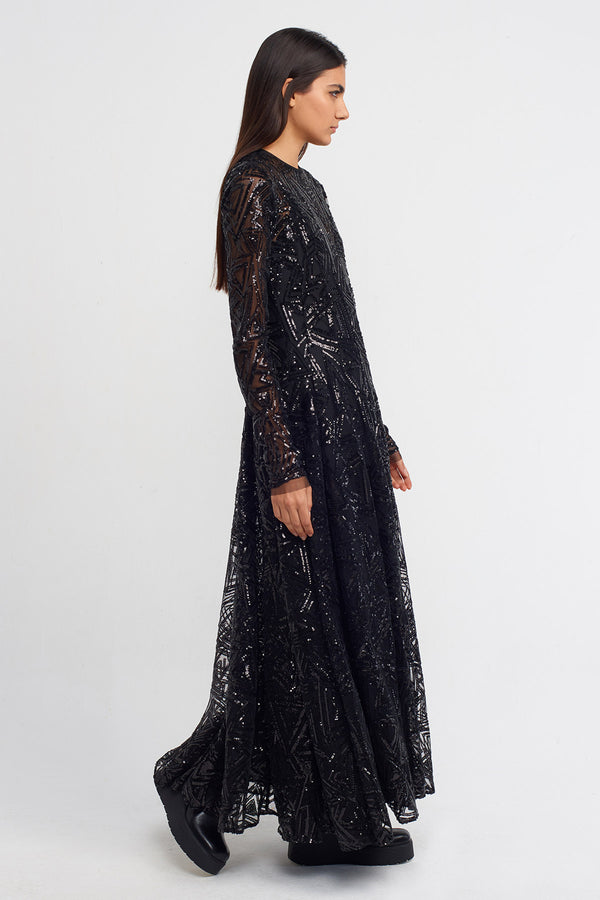 Nu Sequin Embellished Long Dress Black