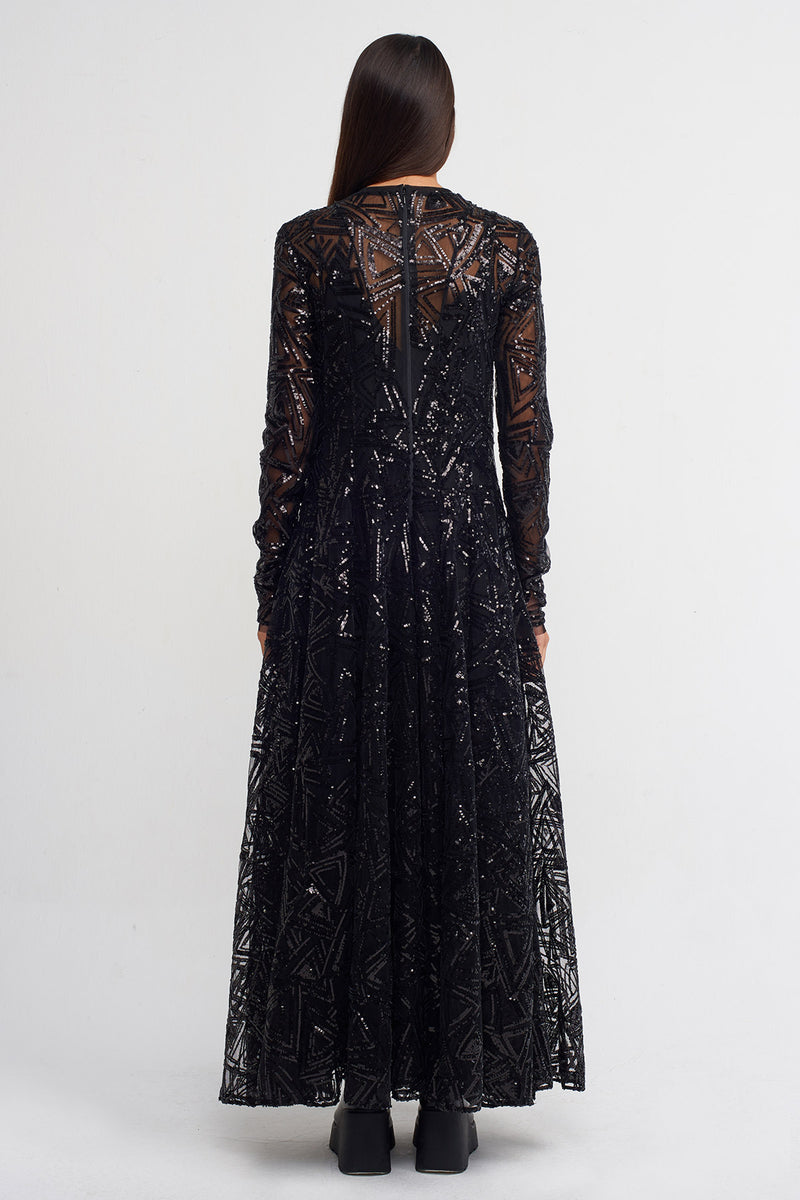 Nu Sequin Embellished Long Dress Black