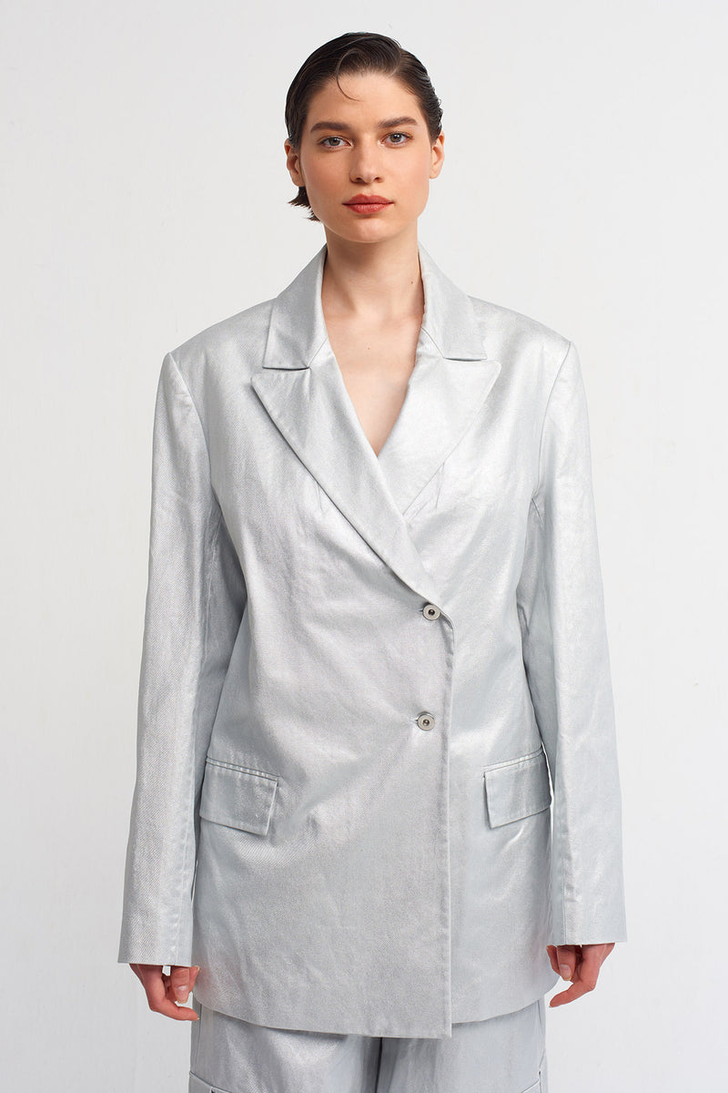 Nu Double Breasted Blazer Jacket Silver