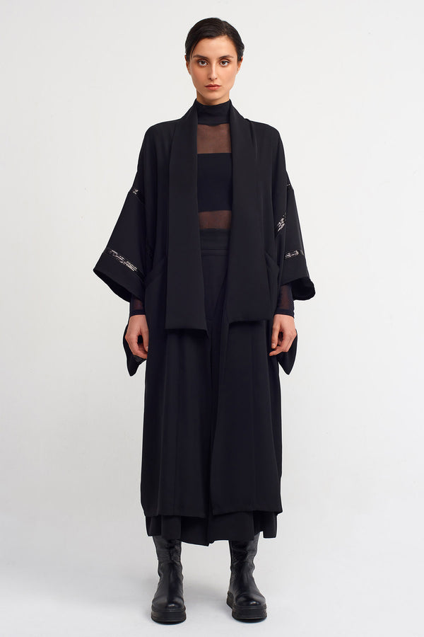 Nu Embroidered Long Kimono Black