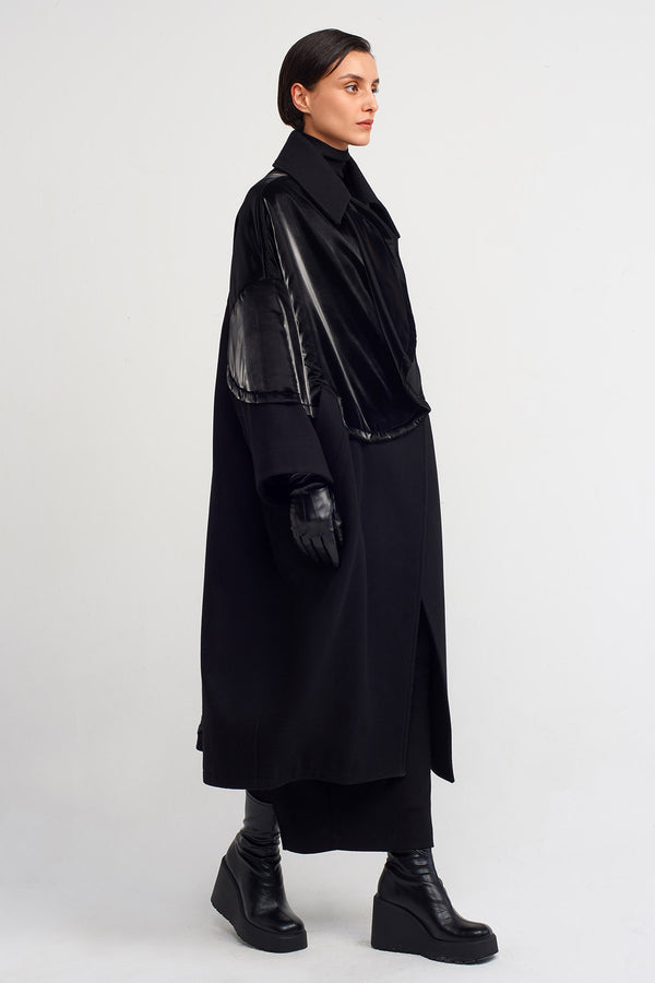 Nu Shiny Fabric Detailed Long Coat Black