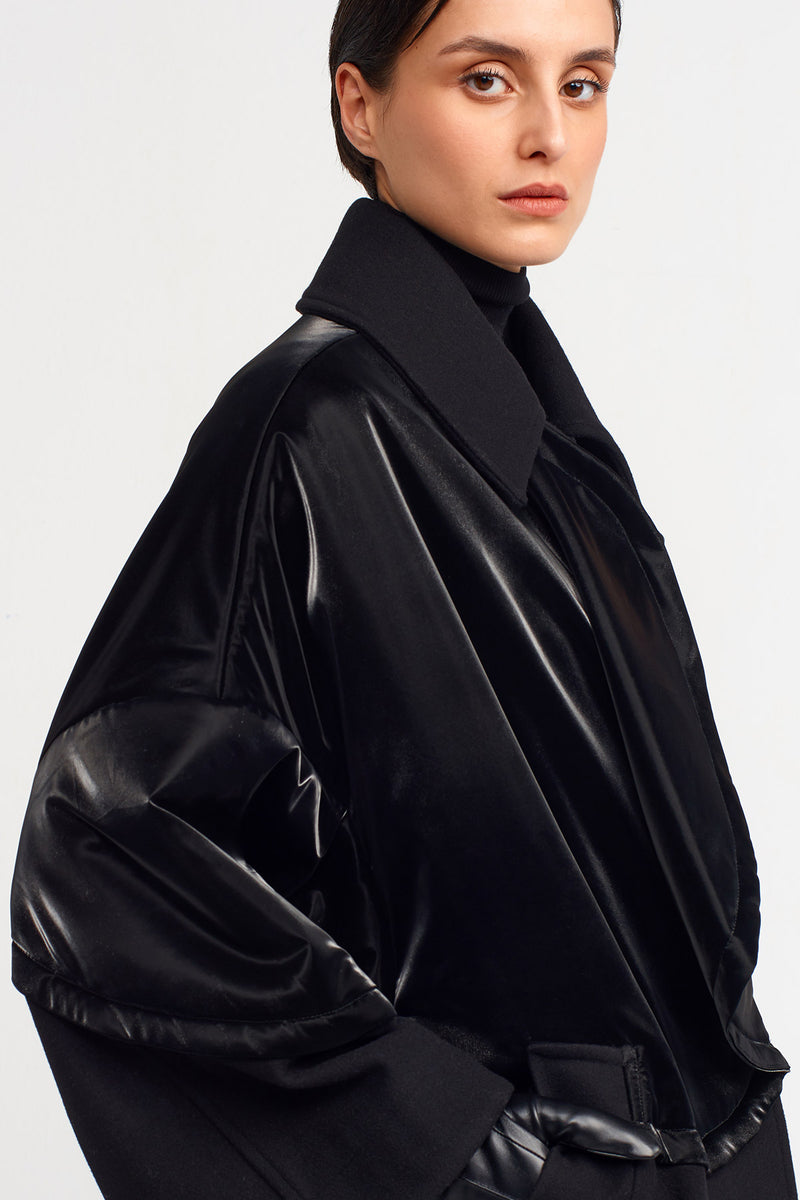Nu Shiny Fabric Detailed Long Coat Black