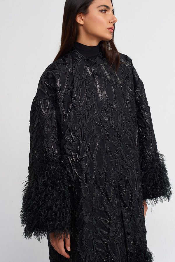 Nu Jacquard Patterned, Furry Long Jacket Black