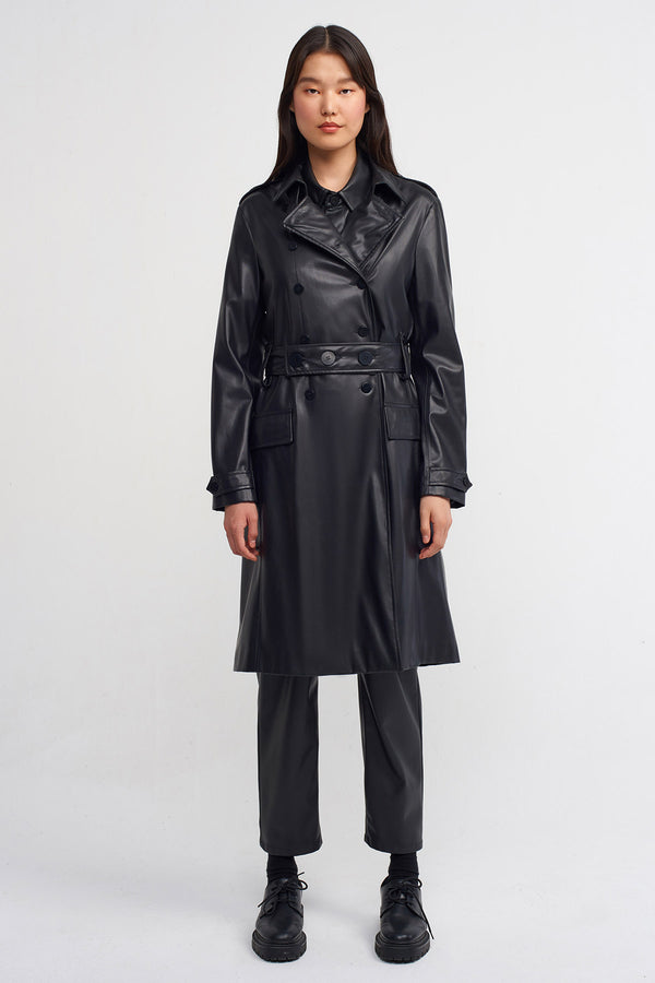 Nu Synthetic Leather Trench Coat Black