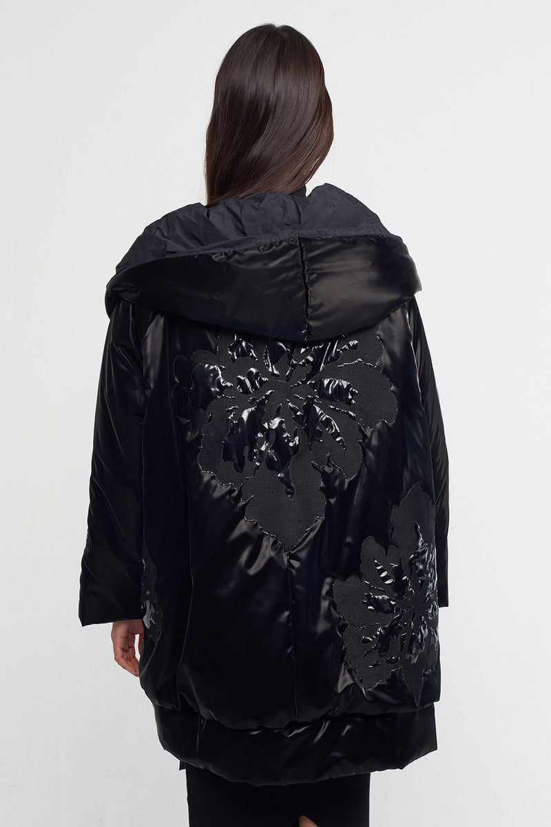 Nu Floral Embroidered Shiny Coat Black