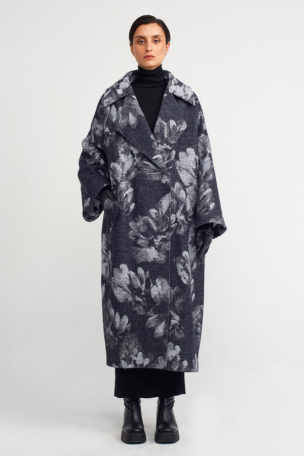 Nu Floral Print Stylish Coat Dark Grey Melange