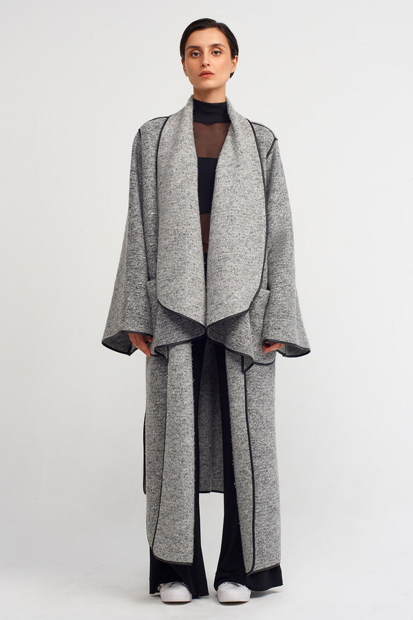 Nu Leather-Trimmed Kimono Coat Grey Melange
