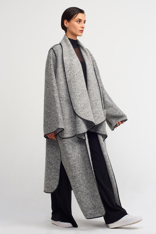 Nu Leather-Trimmed Kimono Coat Grey Melange