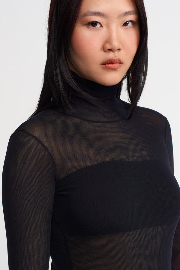 Nu Turtleneck Mesh Bodysuit Black