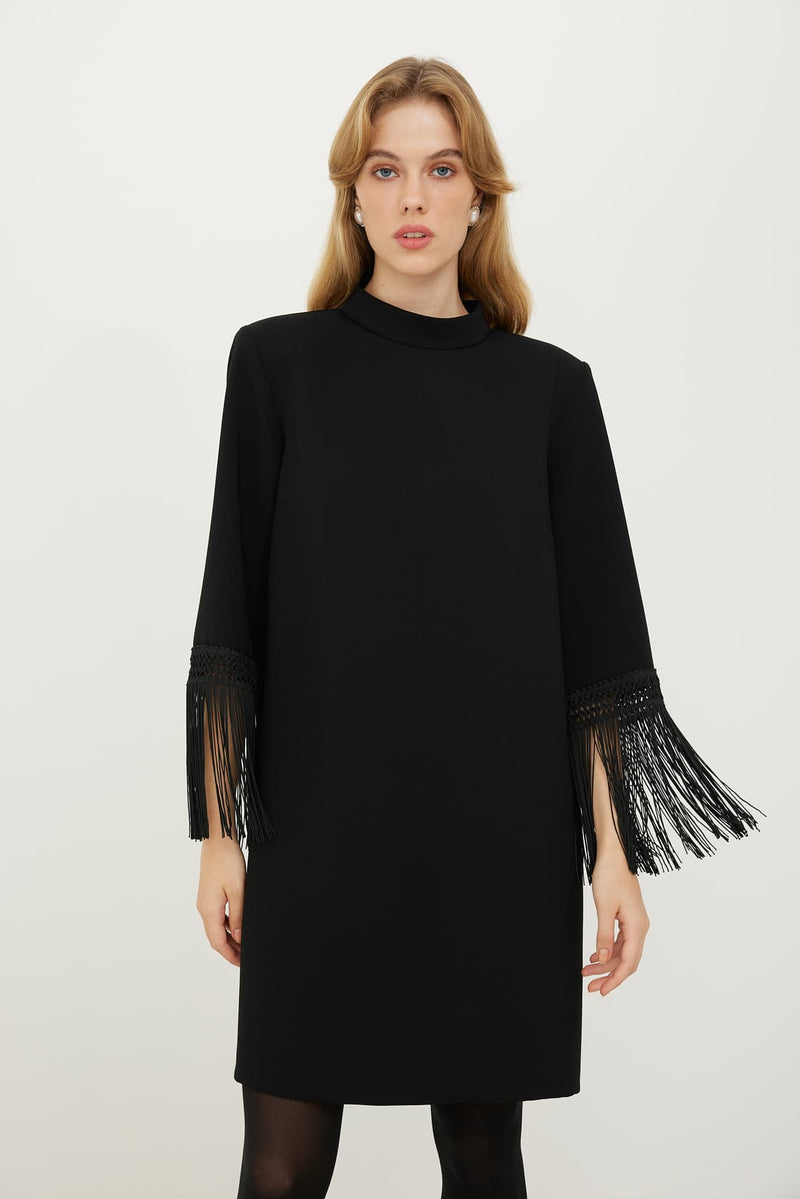 Roman Sleeve Fringe Detail Dress Black