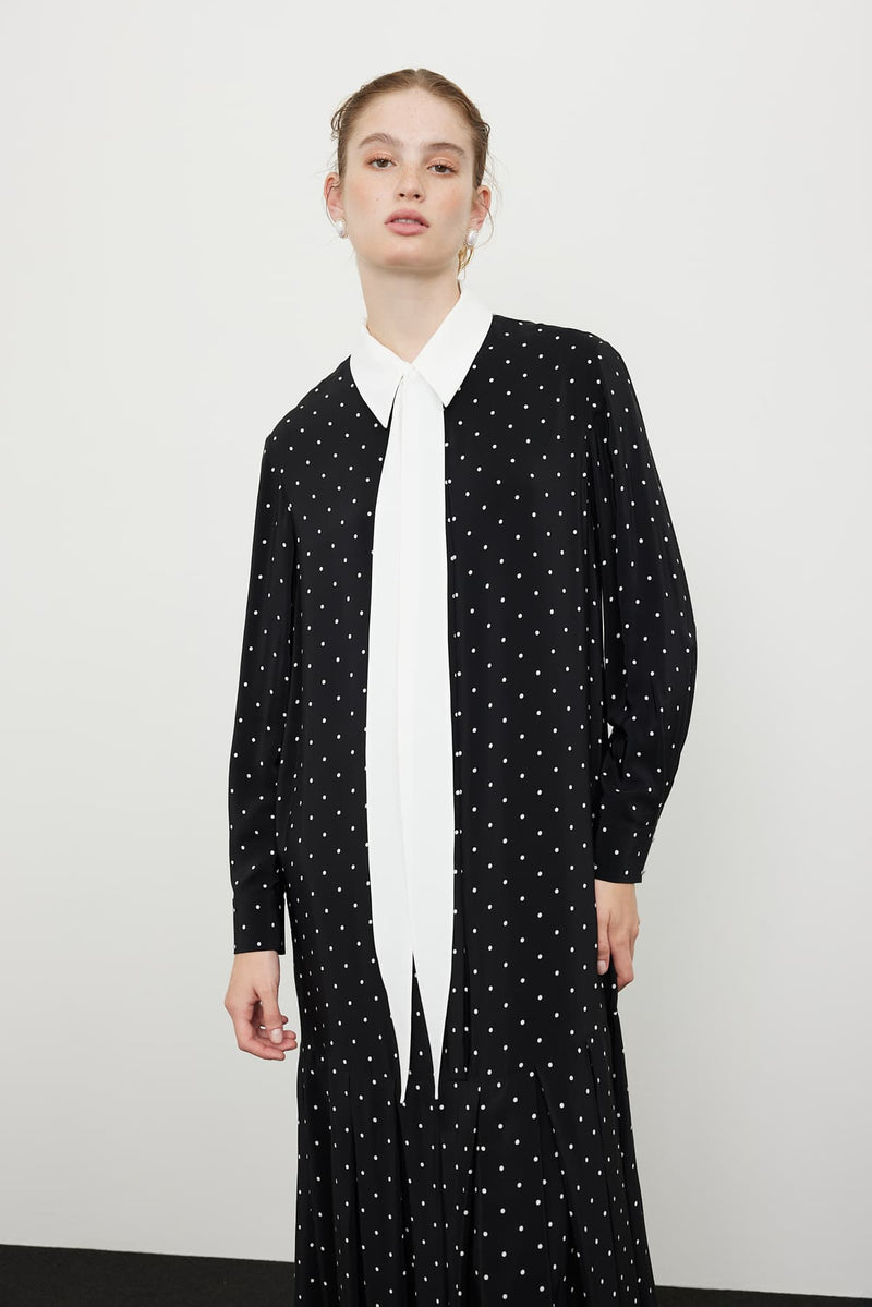 Roman Polka Dots Scarf Detail Dress Black-White