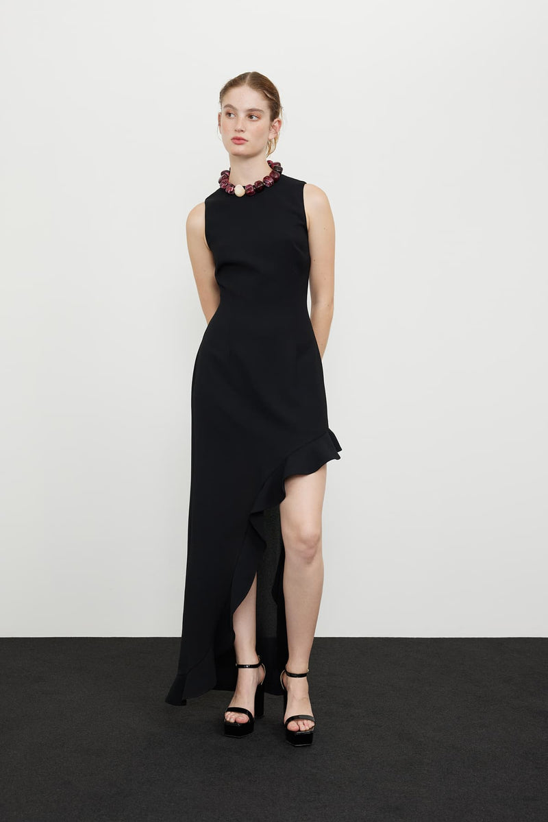 Roman Flounce Detailed Asymmetrical Crepe Dress Black