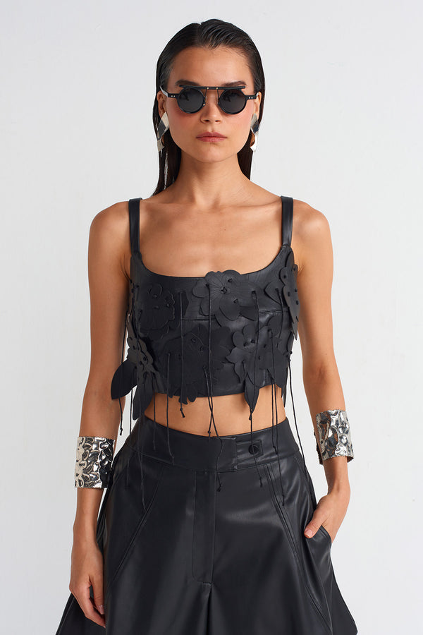 Nu Leather Flower Motif Bustier Black