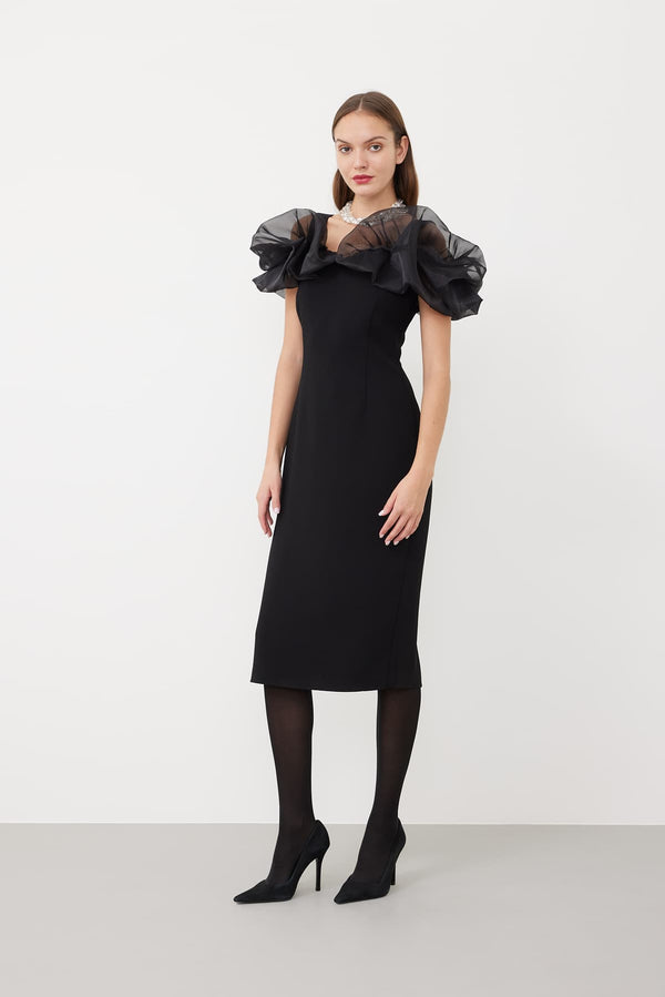 Roman Organza Ruffle Detailed Dress Black