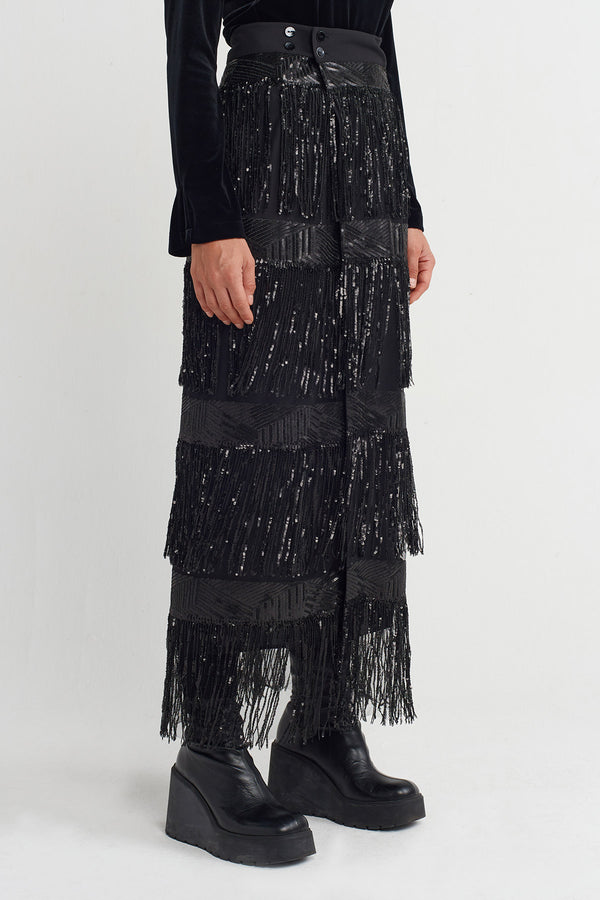 Nu Beaded Fringe Pareo Skirt Black