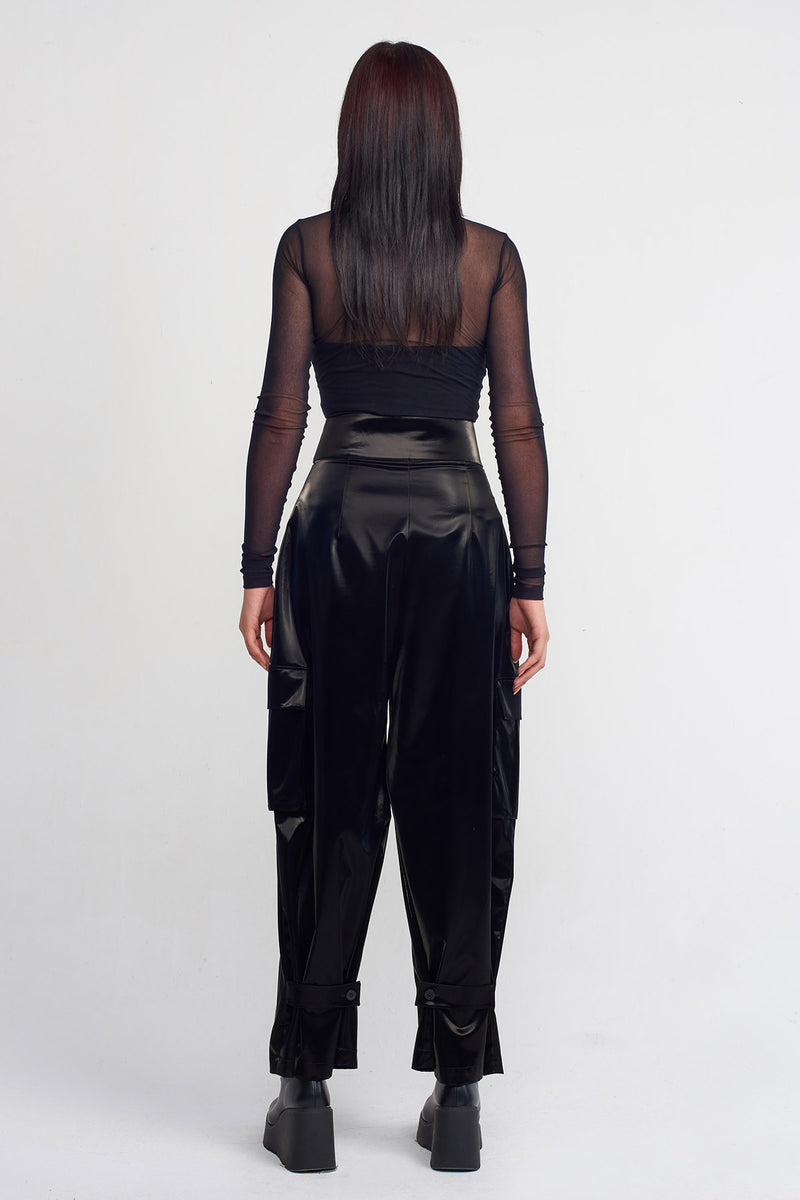 Nu Shiny Cargo Pocket Trousers Black