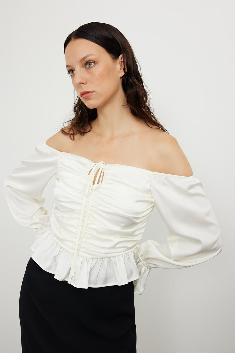 Roman Satin Low Shoulder Gimped Blouse Ecru