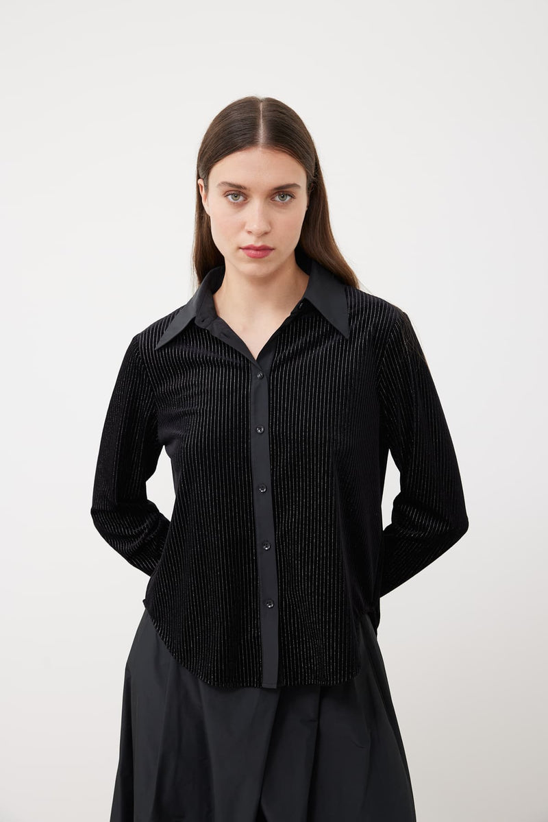 Roman Striped Pattern Velvet Shirt Black